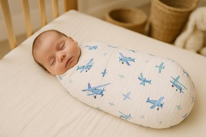 Soft 100% Cotton Swaddles for Newborns, 2- Pack - Large, Breathable Baby Blanket - Versatile, Durable Muslin Swaddle Blankets - Perfect Newborn Essentials (Airplane/Blue)