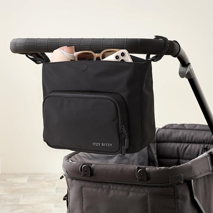 Itzy Ritzy Belong Cargo Caddy for Strollers & Wagons – Convertible Stroller Organizer and Crossbody Bag with Adjustable & Removable Strap, Bottle Holders, Smart Storage Pockets & Secure Straps (Black)