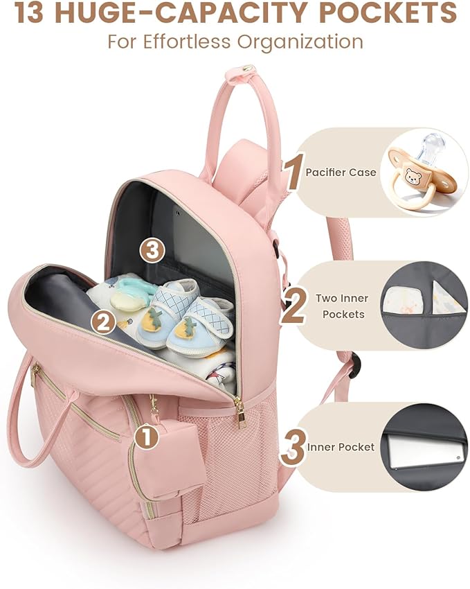 Diaper Bag Backpack,Baby Essentials Diapers Bag with Pacifier Case,Multipurpose Stylish Large Capacity Travel Backpack for Baby Girl/Boy(M-Pink)