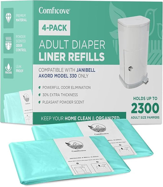 4 Pack Adult Diaper Liner Refills, Compatible with Janibell Akord 330 Model, Adult Diaper System to Eliminate Waste, Odor Resistant by Comficove (4pk)