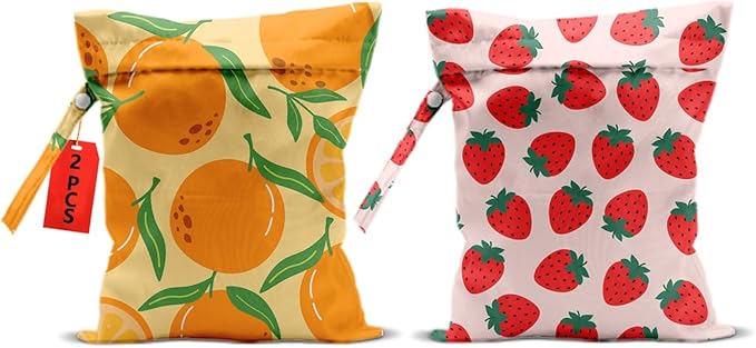 2Pcs Fruits Wet Bags 12x10 Inch, Strawberry Orange Waterproof Travel Laundry Bags, Reusable Wet Dry Bag for Swimsuit Beach Diapers Dirty Yoga Gym Clothes, Travel Gifts for Women Friend Travelers