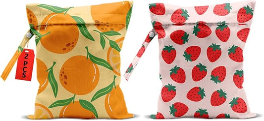 2Pcs Fruits Wet Bags 12x10 Inch, Strawberry Orange Waterproof Travel Laundry Bags, Reusable Wet Dry Bag for Swimsuit Beach Diapers Dirty Yoga Gym Clothes, Travel Gifts for Women Friend Travelers