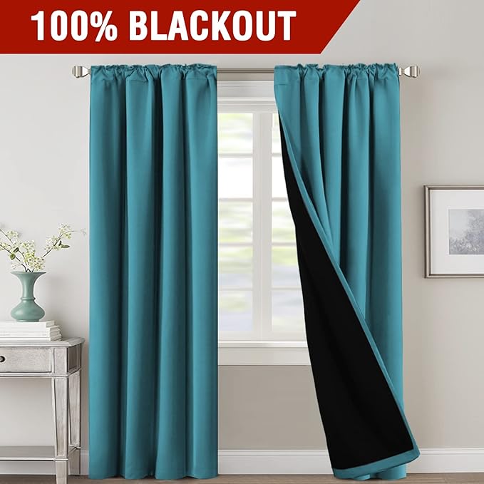 H.VERSAILTEX 100% Blackout Curtains for Bedroom with Black Liner Full Room Darkening Curtains Thermal Back Tab/Rod Pocket Window Drapes for Living Room, 2 Panels, 42 x 84 Inch, Turquoise Blue