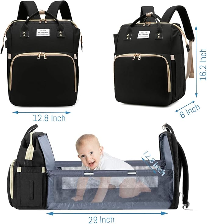 Diaper Bag Backpack with Changing Station, Nappy Baby Bags with Portable Changing Pad, 900D Waterproof Multi-Function Travel Portable Mommy Bag, Black