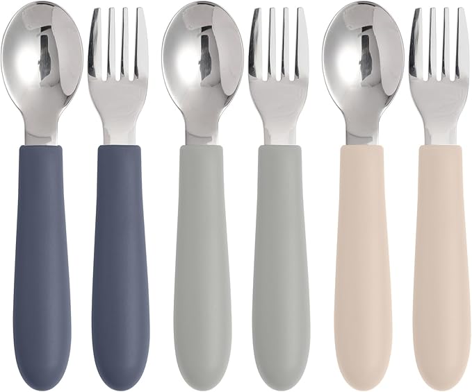 Eascrozn 6 Pack Toddler Utensils, Kids Silverware Set with Silicone Handle, Children Safe Forks and Spoons, 18/8 Stainless Steel, Food Grade Silicone Feeding Supplies, Dishwasher Safe