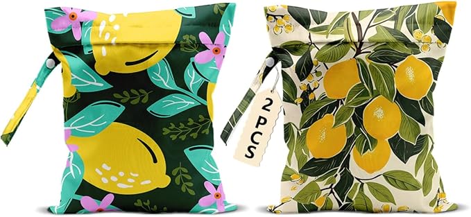 2Pcs Summer Lemon Wet Bag 12x10 Inch, Rustic Lemon Waterproof Travel Laundry Bags, Washable Reusable Wet Dry Bag for Swimsuit Beach Diapers Dirty Yoga Gym Clothes, Plant Gifts for Women Friend