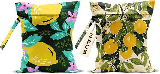2Pcs Summer Lemon Wet Bag 12x10 Inch, Rustic Lemon Waterproof Travel Laundry Bags, Washable Reusable Wet Dry Bag for Swimsuit Beach Diapers Dirty Yoga Gym Clothes, Plant Gifts for Women Friend