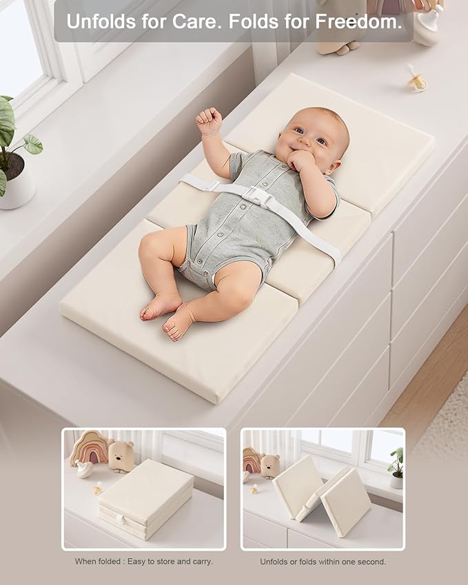 YACODAVO Foldable Baby Changing Pad with Vegan Leather Cover, Standard Side Waterproof & Wipeable Changing Pad for Toddler, Flat Foam Travel Diaper Changing Pad for Dresser and Table, White