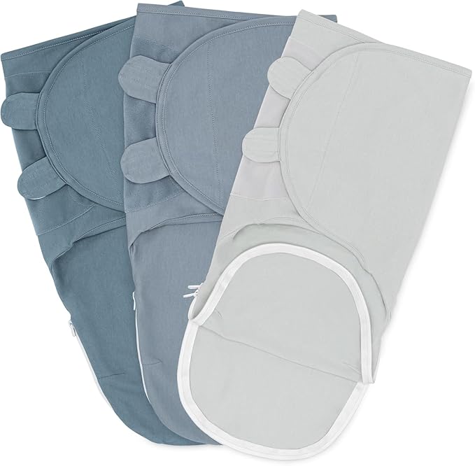 Comfy Cubs Easy Swaddle Blanket with Zipper Closure, 3 Pack - 100% Cotton Newborn Wrap, Large for 3-6 Months Infants, Breathable and Durable Sleep Sack for Babies - Stone, Pacific Blue, Nomadic Blue