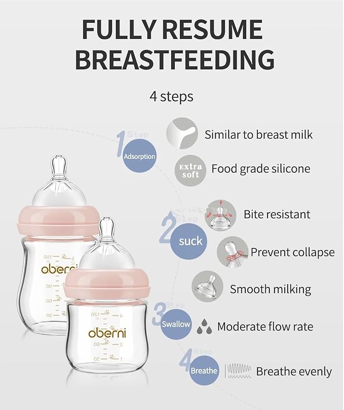 Oberni Glass Baby Bottles,Anti Colic Breastfeeding Bottle with Natural Response Nipple Size S,Wide Neck Slow Flow Baby Bottle for Baby,Newborn,Preemie 0-3 0-6 Month,BPA Free (Blue, 2 Pack, 4 Ounce)