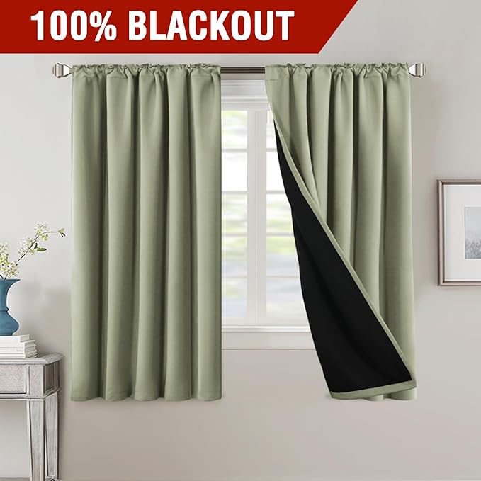 H.VERSAILTEX 100% Blackout Curtains for Bedroom with Black Liner Full Room Darkening Curtain 63 Inch Long Thermal Insulated Back Tab/Rod Pocket Window Treatment Drapes for Living Room, 2 Panels, Sage