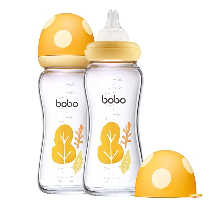 YOHKOH Natural Glass Baby Bottle with Level 2 Medium Flow Nipple, Newborn Anti-Colic Baby Bottles, Wide Neck Mushroom Baby Glass Bottle (8.8oz (Pack of 2), Yellow)