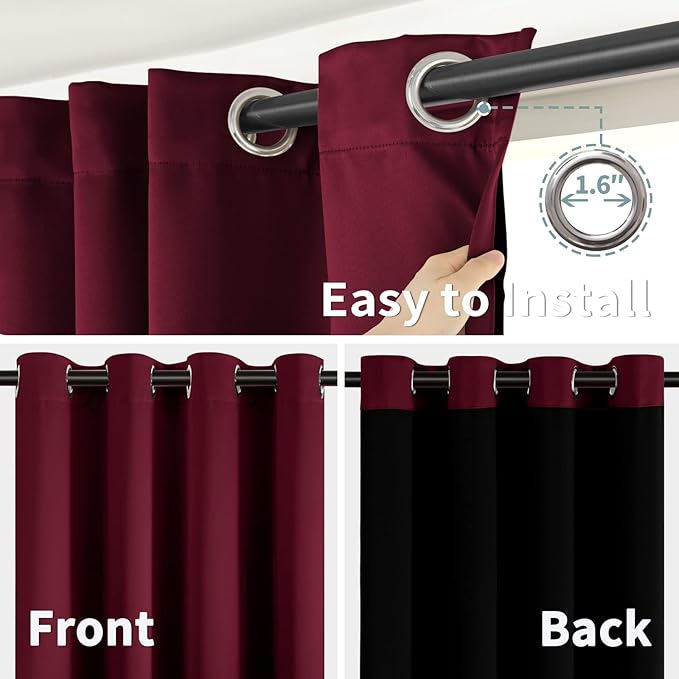 BGment Thermal Insulated 100% Blackout Curtains for Bedroom with Black Liner, Double Layer Full Room Darkening Noise Reducing Grommet Curtain (52 x 63 Inch, Burgundy Red, 2 Panels)