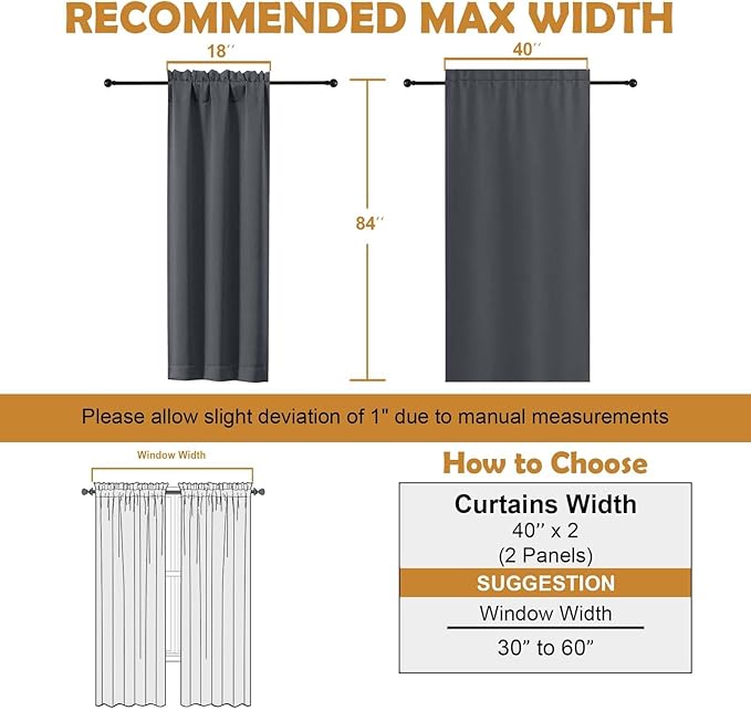 Aiyufeng Grey Blackout Curtains for Bedroom 84 Inch Length 2 Panels Set, Solid Thermal Insulated Privacy Living Room Window Treatment Curtains Blackout Drapes, W40 x L84 Inch, Grey