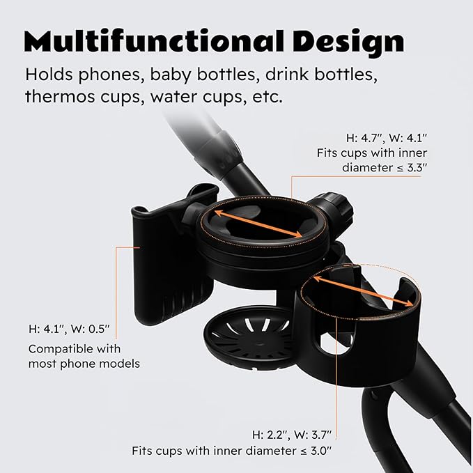 Lusinus 3-in-1 Dual Cup and Phone Holder with 360 Rotating Clamp Compatible with YOYO Stroller - Fits Bottles, Coffee Cups, Smartphones