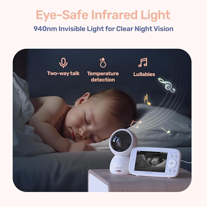 1080P WiFi Baby Monitor with Camera and Audio, Pan-Tilt-Zoom Video Camera, 4'' IPS Screen, HD Night Vision, Motion & Cry Detection, 360° View, Temperature Sensor, Feeding Reminder, Lullabies