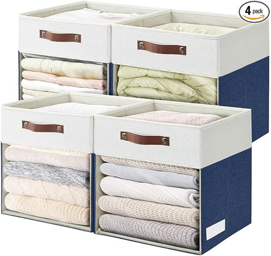 Storage Cubes, 4 Pack Linen Foldable Storage Bins (13 x 13 inch) with Clear Window and Handles, Fabric Organizer for Shelf Closet, Clothes, Books - (Navy Blue and White)