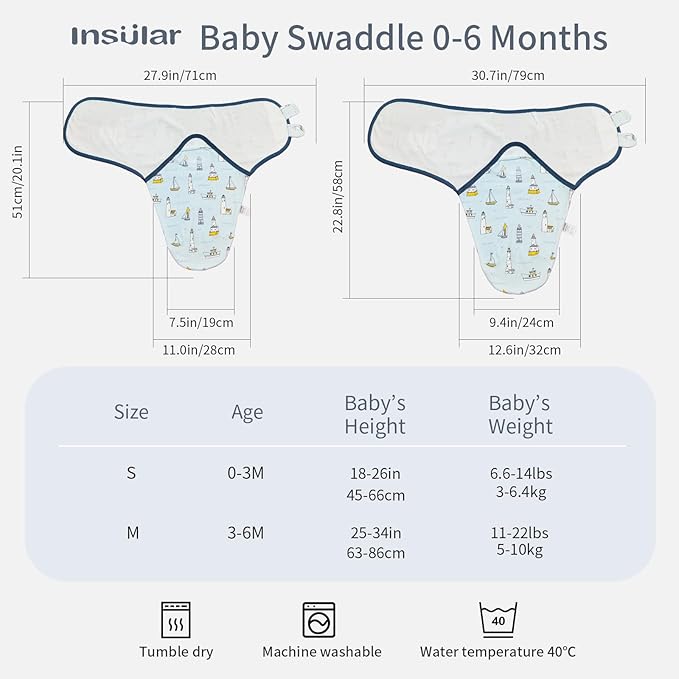 insular Baby Swaddle Wrap, Swaddle Blanket for Newborn and Infant, Adjustable Swaddling Set for Boy and Girl, Soft Cotton Baby Sleep Sack 3 Pack, Ocean, Medium(3-6 Month)