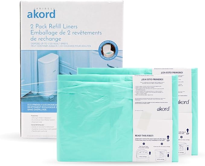 Janibell Akord 330 Adult Diaper Pail Refill Liners, 2 Count – Fits Akord Diaper Pail, Odor Locking, Easy Cut & Tie, Hands-Free Disposal, Continuous Liner – Each Liner Holds Up to 560 Adult Briefs