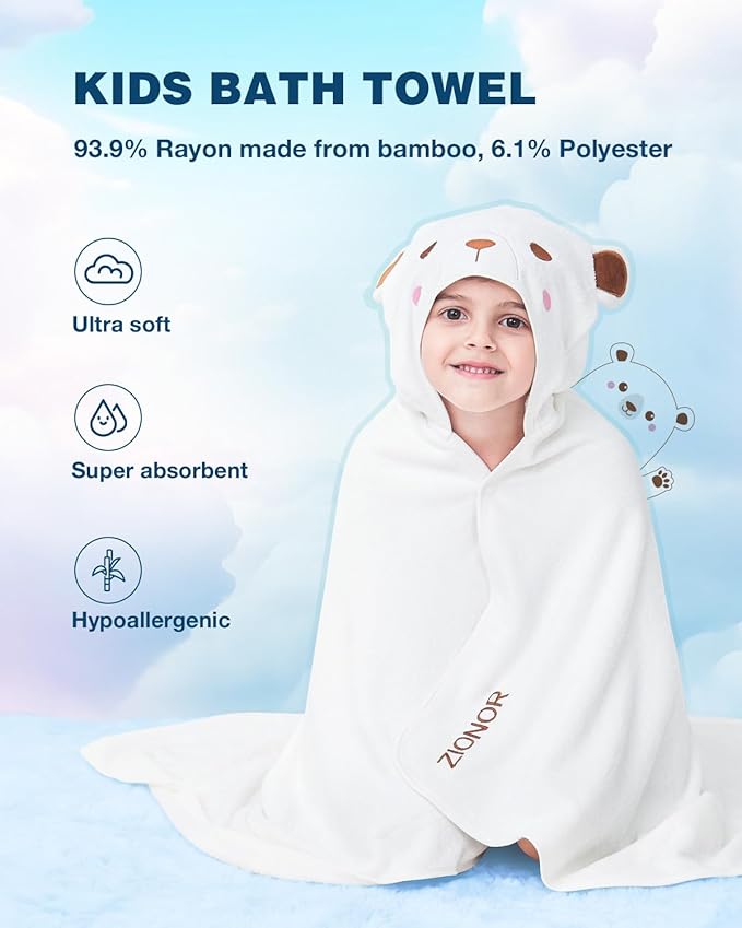 ZIONOR Hooded Bath Towel for Kids - 50''L x 35''W Extra-Large Hooded Towels for Big Kids 6-10, Kids Beach Towels Made from Bamboo Rayon, Suitable for Bath, Pool, Beach(White Bear)
