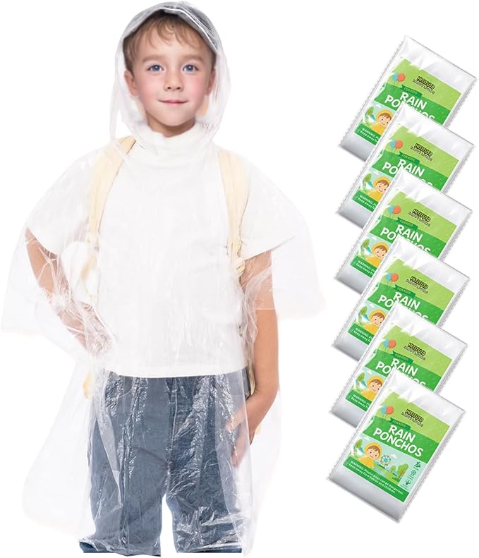 Hitituto Rain Ponchos Family Pack Kids– 6/12/24 Pack Disposable Poncho with Hood, Clear & Assorted Colors, Home Survival Kits