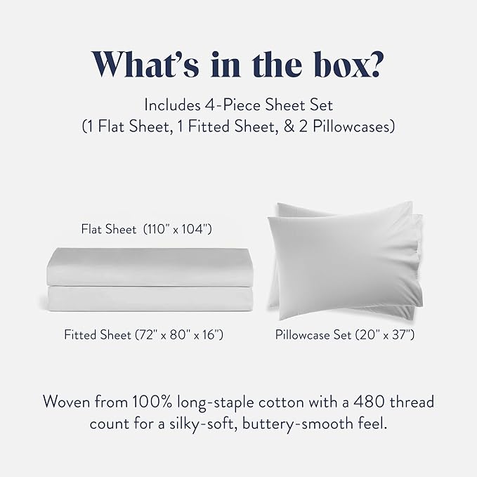Brooklinen Luxury Sateen 4 Piece Sheet Set - 100% Cotton Bed Sheets, Soft & Durable California King Size Sheets Set in White, Oeko-TEX Certified Bedding Set,1 Fitted Sheet,1 Flat Sheet,2 Pillowcases