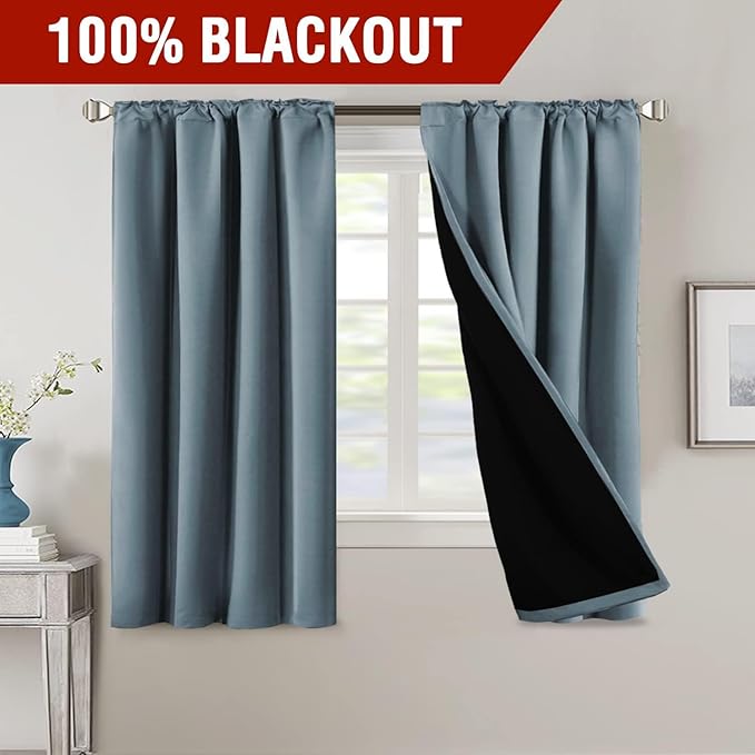 H.VERSAILTEX 100% Blackout Curtains for Bedroom with Black Liner Full Room Darkening Curtains Thermal Insulated Back Tab/Rod Pocket Window Drapes for Living Room, 2 Panels, 42 x 63 Inch, Stone Blue