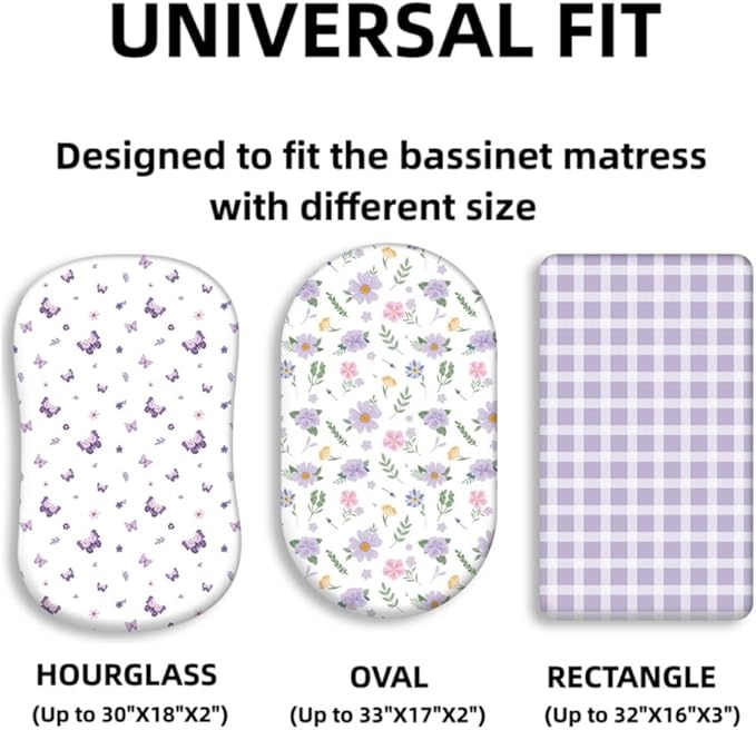 4 Pack Butterfly Baby Crib Sheets for Baby Girls Purple Crib Fitted Sheets for Standard Size Crib and Toddler Mattress Soft and Breathable (Bassinet)