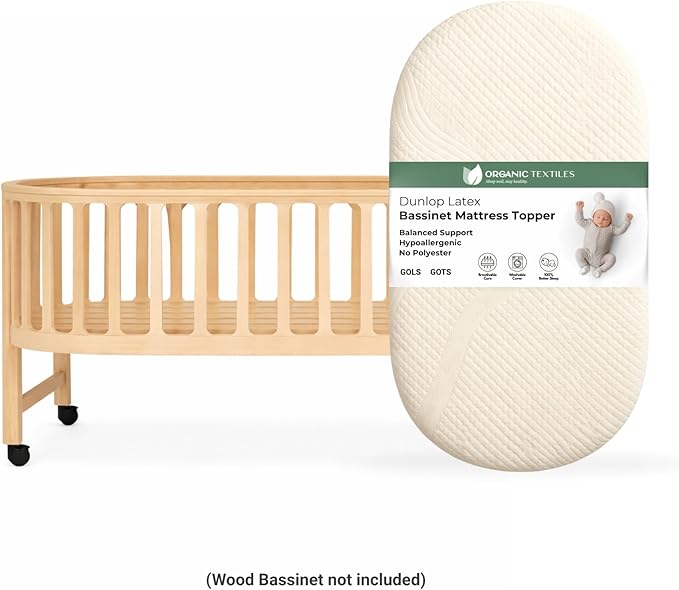 ORGANIC TEXTILES Organic Baby Mattress Topper with Water Resistant Removable Cotton Cover - GOLS/GOTS Certified - Breathable - 2" Basinet (30"x15")