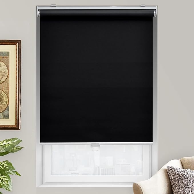 Cordless Roller Shades Blackout Blinds for Windows Room Darkening Rolled Up Shades with Spring System, UV Protection Window Shades Door Blinds for Home and Office (20" W x 72" H, Black)