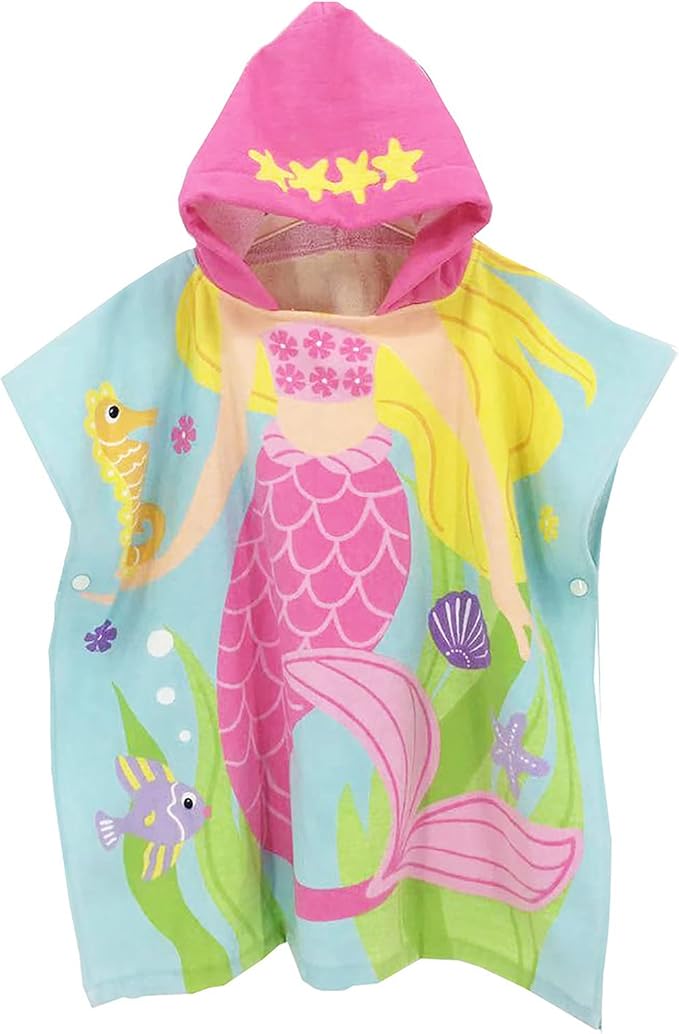 BANGSAUR Kids Hooded Towel Bath Beach Soft Cotton Towels Girls Absorbent Pool Wrap with Hood Baby Toddler Poncho Robe(Pink Mermaid,5-9Years/Height:43"-51")