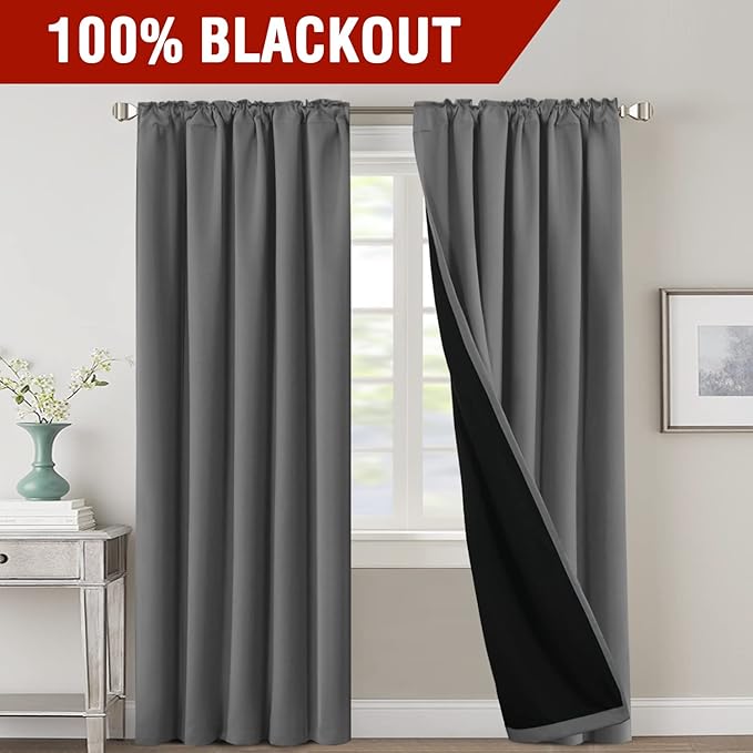 H.VERSAILTEX 100% Blackout Curtains for Bedroom with Black Liner Full Room Darkening Curtain 84 Inch Long Thermal Insulated Back Tab/Rod Pocket Window Treatment Drapes for Living Room, 2 Panels, Grey