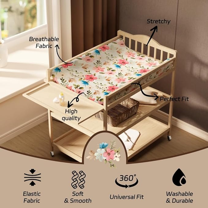 4 Pack Baby Girl Changing Pad Covers Sheets Set Soft Fitted Floral or Elephant Theme Baby Girl Mattress Covers Breathable Toddler Bed Sheets for Infant or Newborn Girls (Flower, Changing Pad Covers)