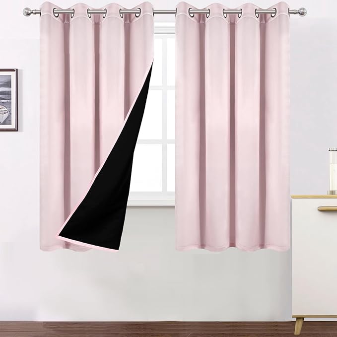 LEMOMO 100% Blackout Curtains 52 x 63 Inches Long Thermal Insulated Baby Pink Curtains with Black Liner Set of 2 Panels for Nursery Room