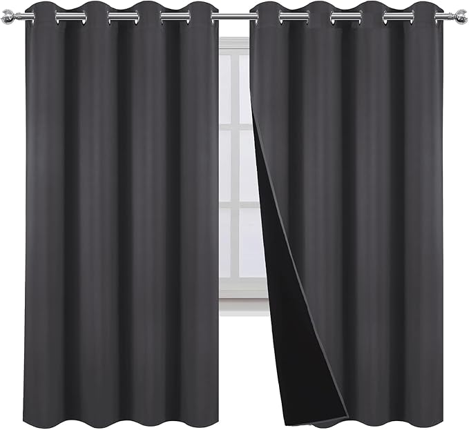 LEMOMO 100% Blackout Curtains 52 x 63 Inch Dark Grey Curtains 2 Panels Darkening Thermal Insulated Bedroom Curtains