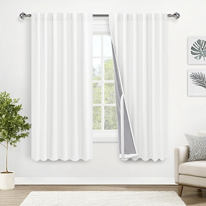 XWZO 100% Blackout Curtains 63 Inches Length with Tiebacks- Thermal Insulated Double Layer Window Drapes with Black Liner for Bedroom/Living Room, Rod Pocket & Back Tab, Ivory, W52 x L63, Set of 2