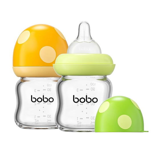 YOHKOH Natural Glass Baby Bottle with Level 1 Slow Flow Nipple, Newborn Anti-Colic Baby Bottles, Wide Neck Mushroom Baby Glass Bottle (Multicolour1, 3.4oz (Pack of 2))