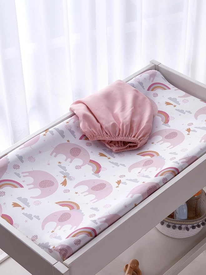 TILLYOU Changing Pad Cover Set in Soft Jersey Material - Fits 32"/34''x16 Contoured Pad for Babies, Rainbow Elephant
