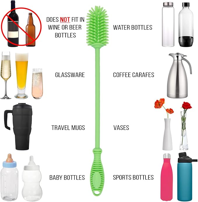 Kitchiny 12.5" Silicone Bottle Brush & Straw Cleaner Brush Set | Water Bottle Cleaner for Hydro Flasks, Tumblers, Glassware, Vases and Narrow Neck Containers