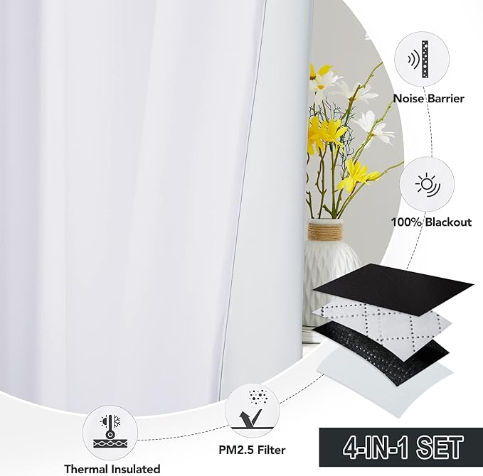 RYB HOME 100% White Blackout Curtains, Noise Reducing 84 inch Curtains Small Particle Dust Filter Window Drapes Energy Effieient for Bedroom Laundry Room Furance, W52 x L84 inch, 2 Panels