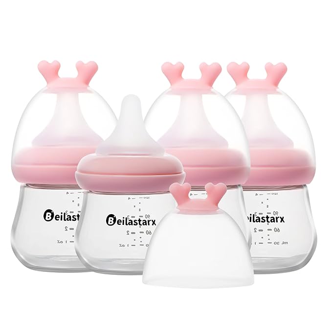 Beilastarx Glass Baby Bottles with Natural Response Nipple Size SS - Anti Colic Baby Bottles Wide Neck Slow Flow Baby Bottle (Red, 4oz (Pack of 4))