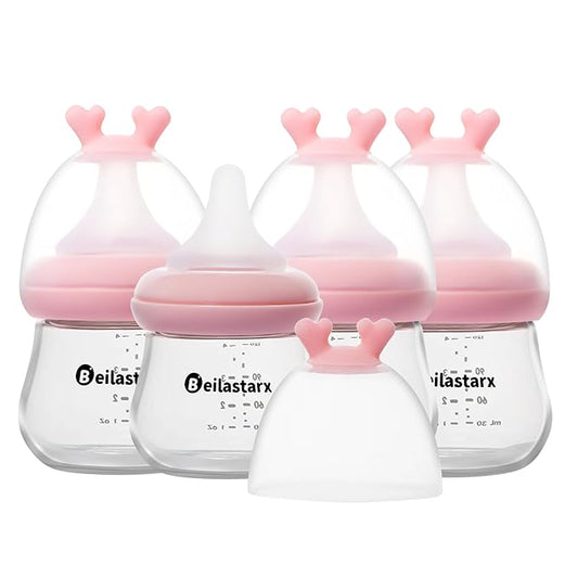 Beilastarx Glass Baby Bottles with Natural Response Nipple Size SS - Anti Colic Baby Bottles Wide Neck Slow Flow Baby Bottle (Red, 4oz (Pack of 4))