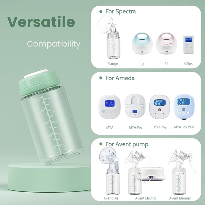 IVARONAL 4 Pack 10oz Wide-mouth Breastmilk Storage Bottle for Momcozy 22oz Portable Breast Milk Cooler, Pumping Storage Containers Compatible with Spectra S1/S2/9 Plus/SG/Motif Luna (4PC/Green Lids)