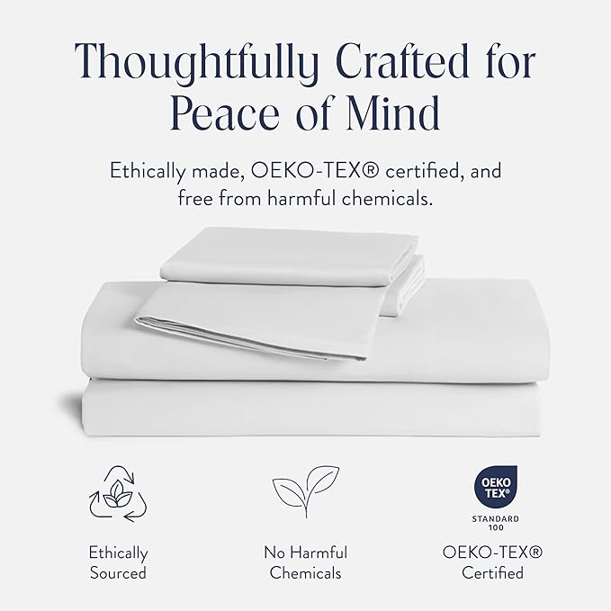 Brooklinen Luxury Sateen 4 Piece Sheet Set - 100% Cotton Bed Sheets, Soft & Durable Twin XL Sheets Set in White, Oeko-TEX Certified Bedding Set, 1 Fitted Sheet, 1 Flat Sheet, 2 Pillowcases