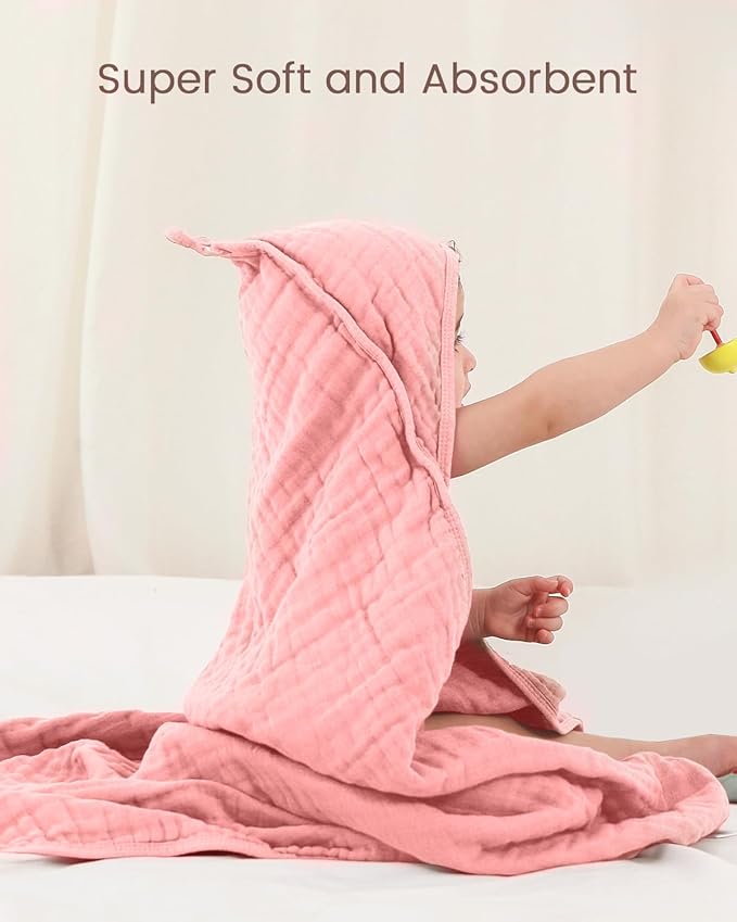 Hooded Baby Towels for Newborn, 35x35 Inch 3 Pack 100% Muslin Cotton Baby Bath Towel, Soft Baby Beach Towels with Hood for Infants, Toddlers and Kids, Essentials Must Haves
