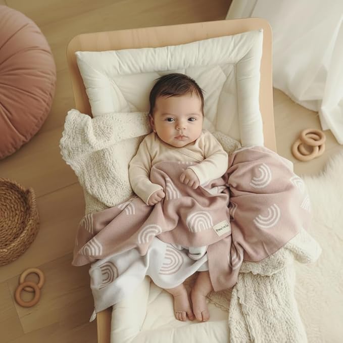 Knit Baby Swaddle Blanket for Girls - 100% Cotton Buttery Soft Cozy Receiving Swaddle Stroller Blanket for Shower Gift Registry for Newborns, Infants, Toddlers (Rainbow - Pink)
