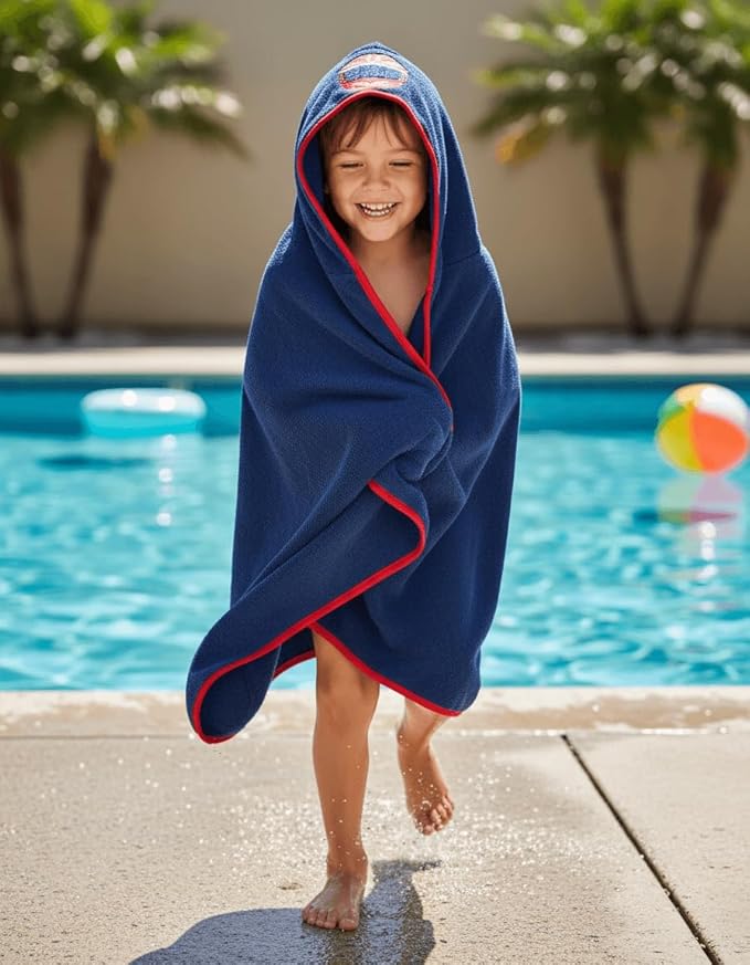 BAGNO MILANO Kids Organic Turkish Cotton Hooded Beach Cover-Up Towel, GOTS Certified, for Boys and Girls (Racer Navy, 24"x48"+8"/Hooded Towel)
