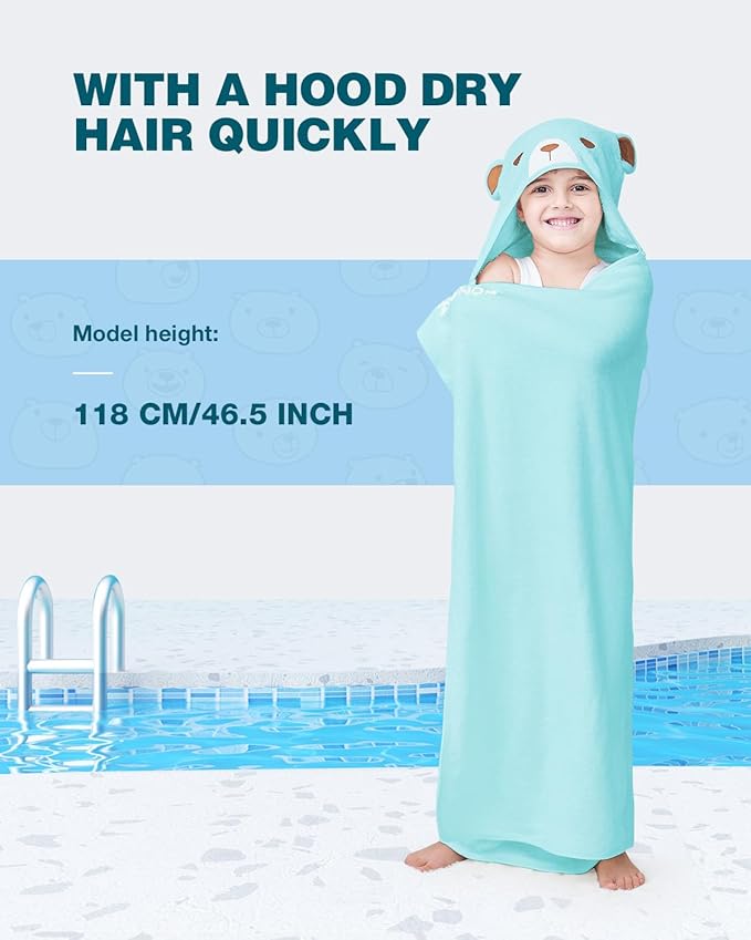 ZIONOR Hooded Bath Towel for Kids - 50''L x 35''W Extra-Large Hooded Towels for Big Kids 6-10, Kids Beach Towels Made from Bamboo Rayon, Suitable for Bath, Pool, Beach(Blue Bear)