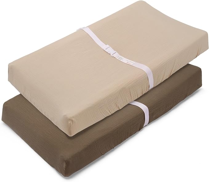 PET REJOIR Muslin Changing Pad Cover for Baby Girls Boys-2 Pack 17"x 33" Cotton Soft Breathable Diaper Changing Pad Cover-Cozy Changing Pad Sheets-Neutral Taupe Brown & Light Beige