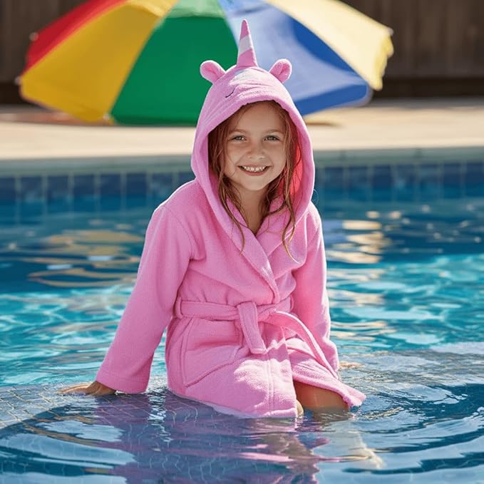 BAGNO MILANO Kids Organic Turkish Cotton Hooded Beach Cover-Up Towel, GOTS Certified, for Boys and Girls (Pink Unicorn, 3-4 Years)